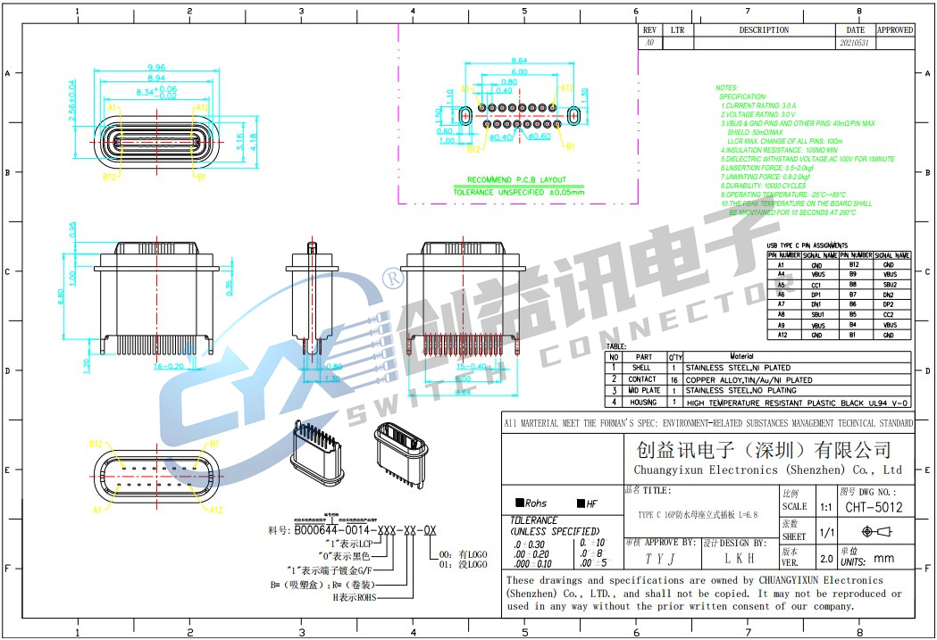 TYPE-C立式插板母座 CHT-5012(圖1)