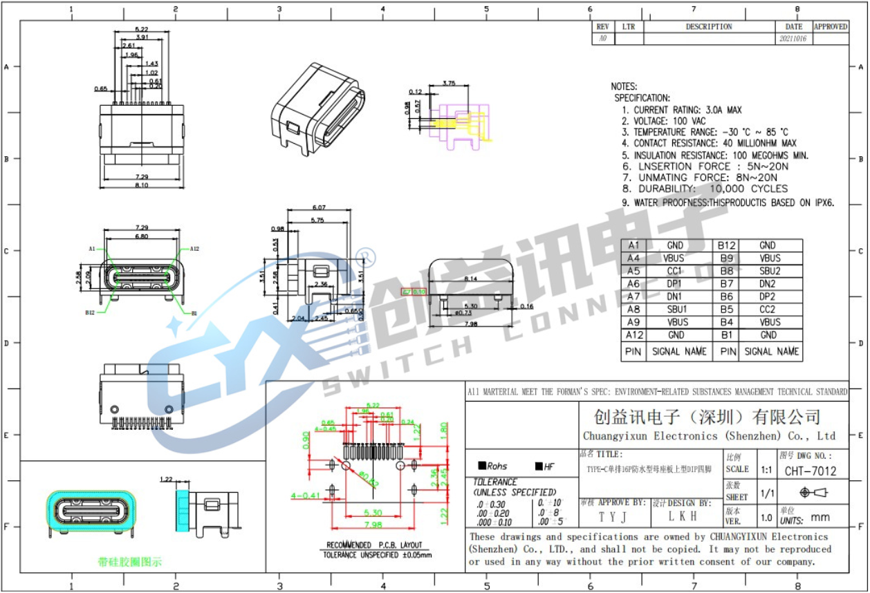 TYPE-C 沉板外殼帶四腳插板母座SMT CHT-7012(圖1)