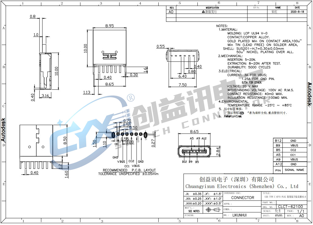 TYPE-C 6Pin 直插10.0 CLCT-62100(圖1)