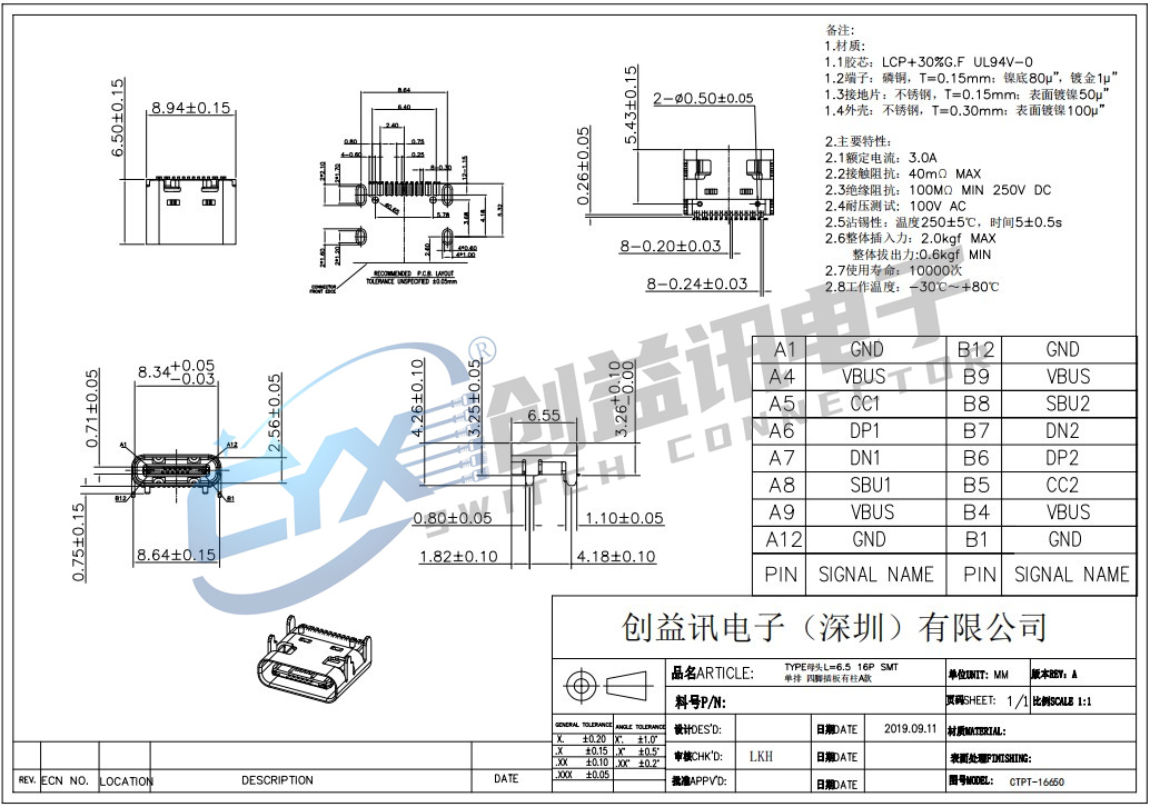 TYPE母頭L=6.5 16P SMT單排 四腳插板有柱A款 CPTP-16650(圖1)