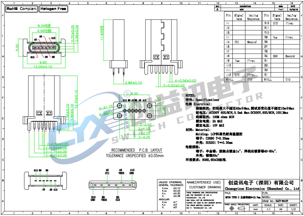 TYPE-C 6PF 立插 H=13.7  CLCT-64137(圖1)