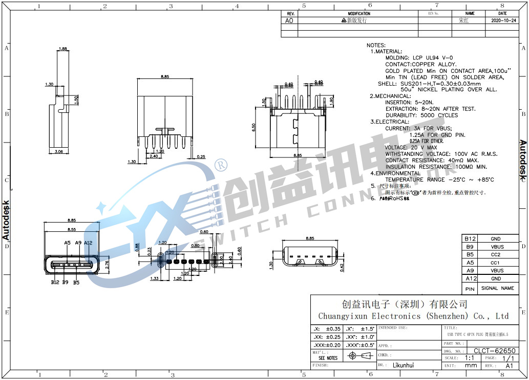 TYPE C 6PIN PLUG 簡易版立貼直插6.5   CLCT-62650(圖1)