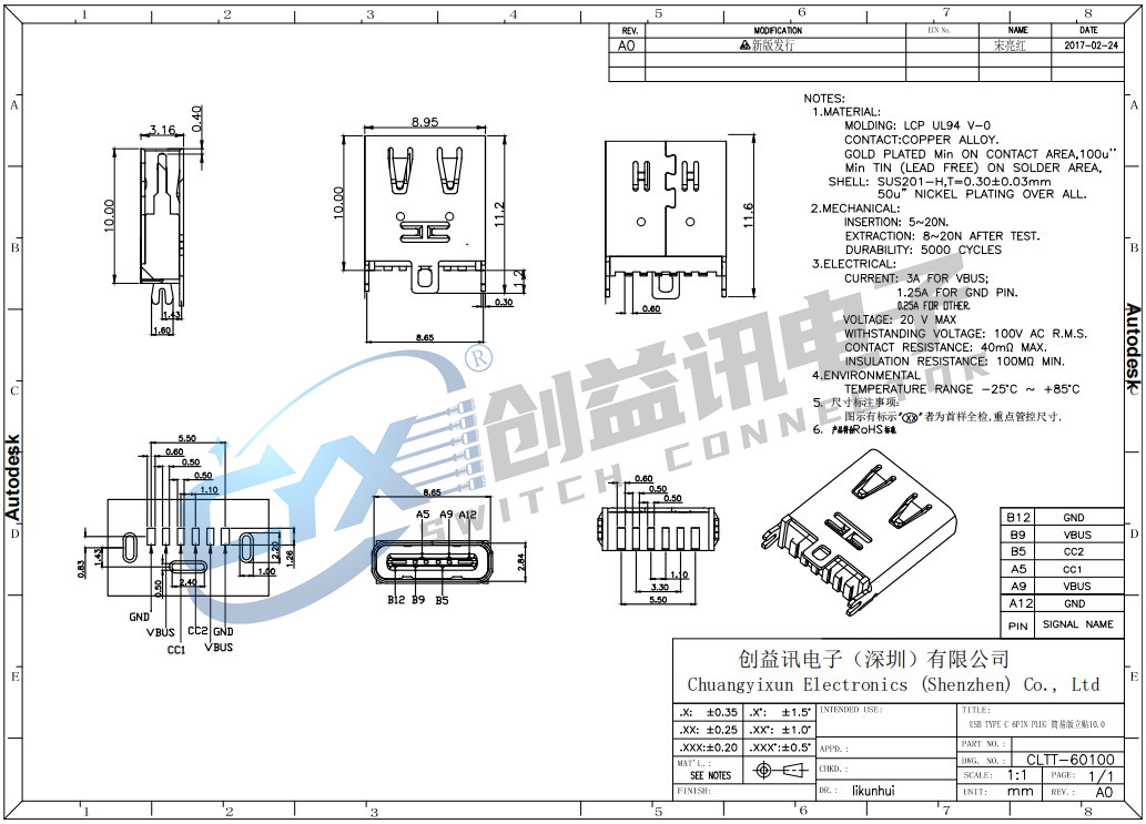 USB TYPE C 6PIN PLUG 簡易版立貼10.0   CLTT-60100(圖1)