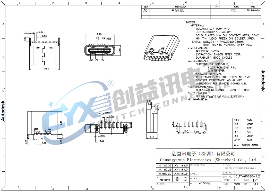 TYPE-C 6P立貼6.8 1.2腳長(zhǎng)  CLTT-60680-1.2(圖1)