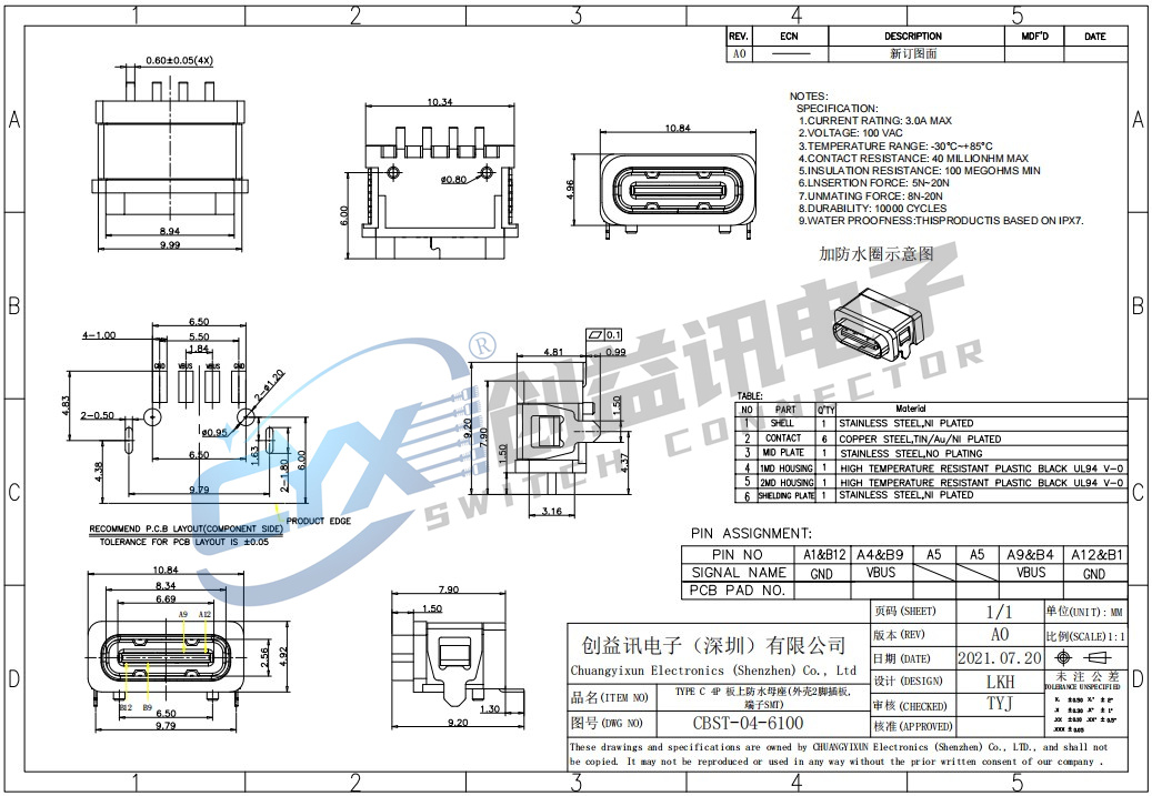 TYPE C 4P 板上防水母座(外殼2腳插板,端子SMT) CBST-04-6100(圖1)