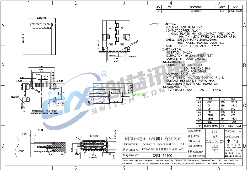 TYPE-C 16P 板上四腳長體10.0L 六孔  CBST-16100(圖1)