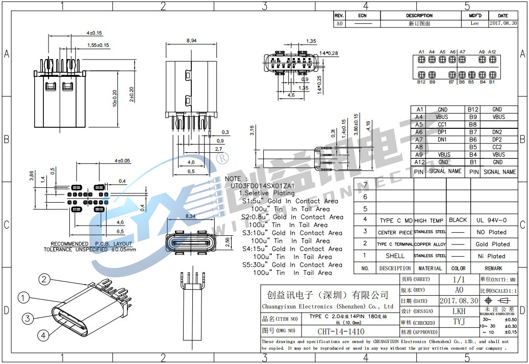 tpye-C 直插 14 PIN 10.0  3模  CHT-14-1410(圖1)