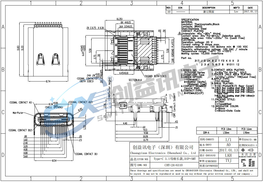 Type-C 3.1母座長款,DIP+SMT  CHT-24-6310(圖1)