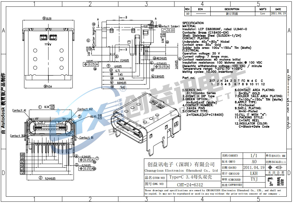 Type-C 3.4母頭雙殼  CHT-24-6312(圖1)