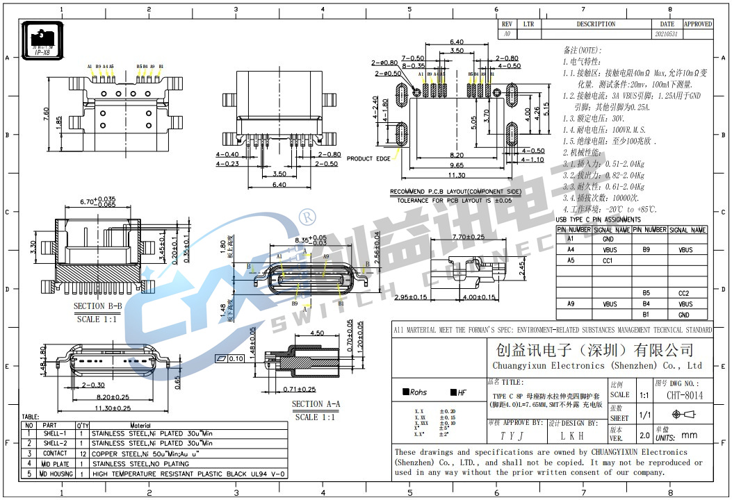 TYPE C 8P 母座防水拉伸殼四腳護(hù)套  CHT-8014(圖1)