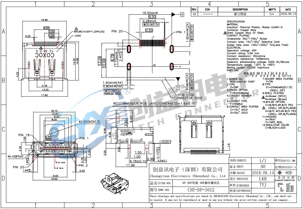 DP 20P母座 SMT腳有螺絲孔 CHT-DP-3612(圖1)