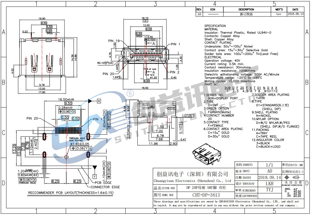 DP 20P母座 SMT腳 有柱  CHT-DP-3613(圖1)