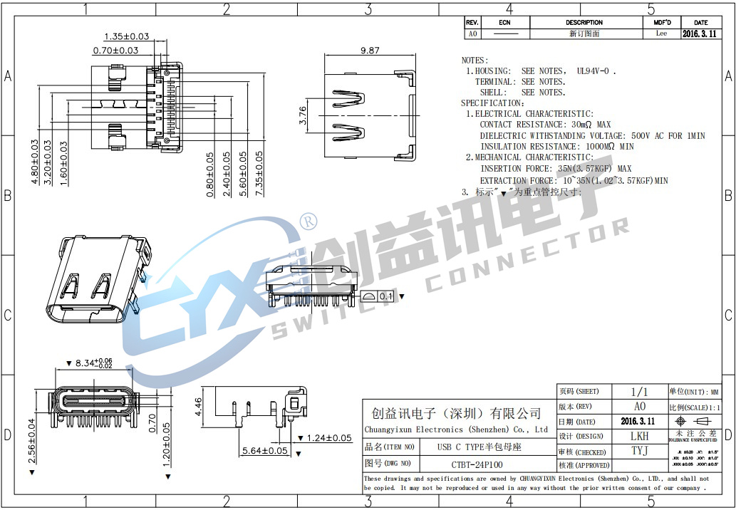 TYPE C母座24P有柱SMT+DIP半包  CTBT-24P100(圖1)
