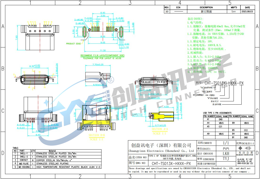 TYPE C 8P 母座防水拉伸殼帶兩腳護套CHT-TS013X-HXXX-PX(圖1)