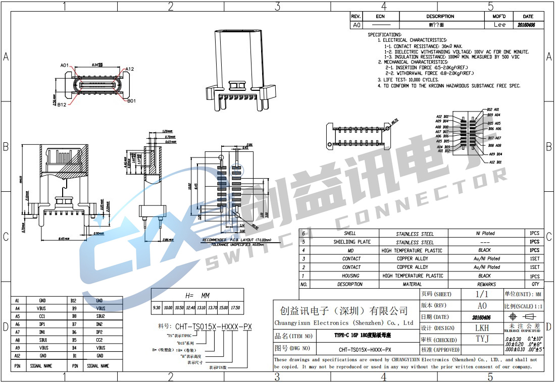 TYPE-C 16P 180度貼板母座 CHT-TS015X-HXXX-PX(圖1)