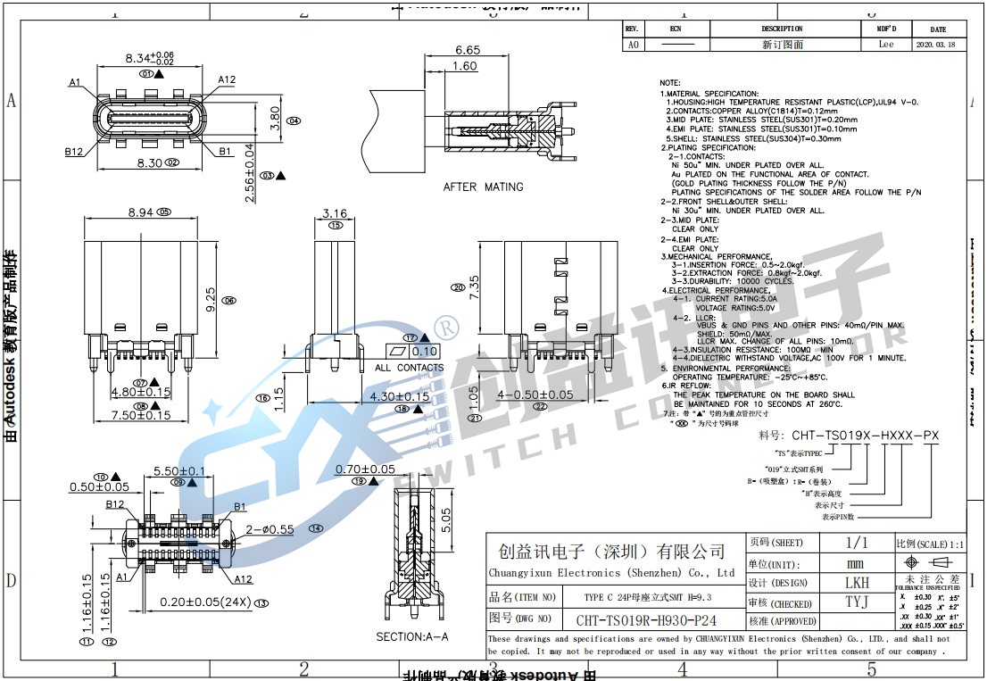 TYPE C 24P母座立式SMT H=9.3  CHT-TS019R-H930-P24(圖1)
