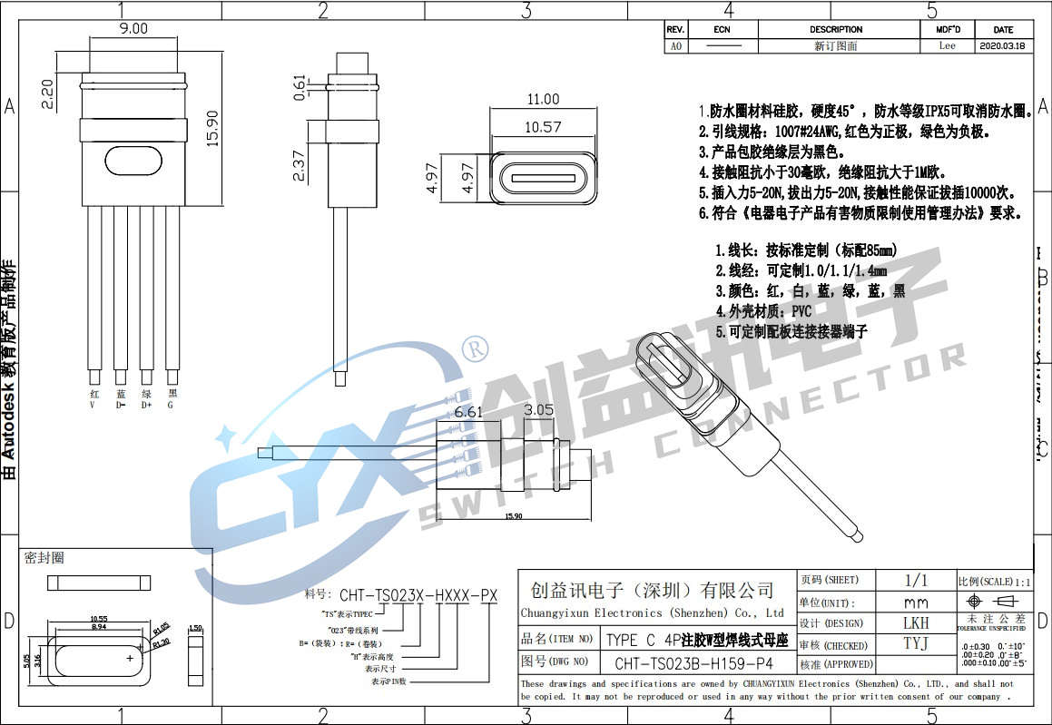 TYPE C 4P注膠W型焊線(xiàn)式母座  CHT-TS023B-H159-P4(圖1)